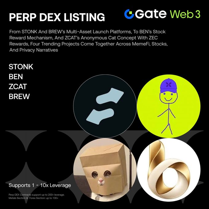 A promotional graphic from Gate Web3 announcing four new Perp DEX listings—$STONK, $BEN, $ZCAT, and $BREW—all paired with USDT and supporting 1–10x leverage. The image features four circular icons representing each project: blue shape fragments for STONK, a stick figure with a purple cap for BEN, a cardboard cat character for ZCAT, and a golden abstract design for BREW, set against a black background with the Gate Web3 logo.