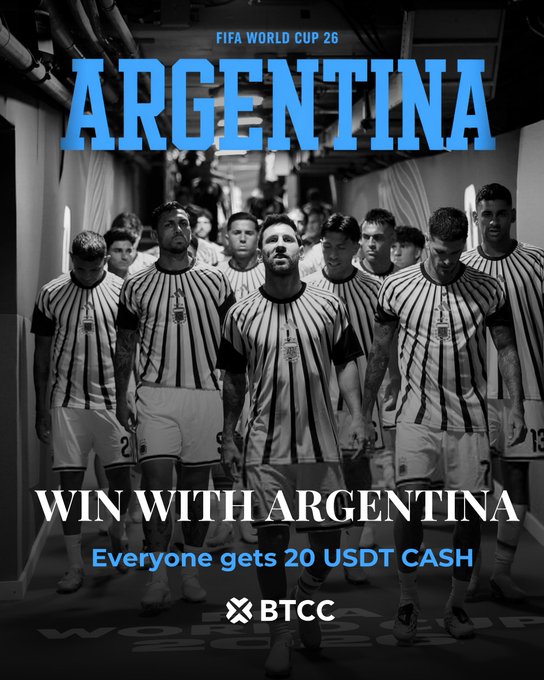 The image shows a soccer team from Argentina, dressed in their uniforms with the word "Argentina" displayed prominently, standing in front of a group of other soccer players wearing striped jerseys. The text on the poster suggests that if Argentina wins the World Cup, every user who deposits at least 200 US dollars and completes a futures trade will receive 20 US dollar cash as a reward.