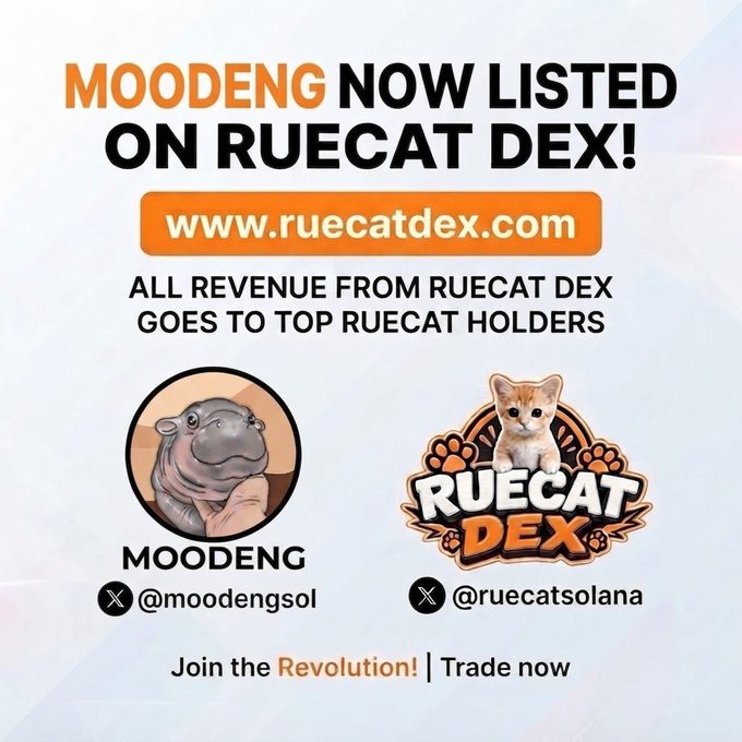 A promotional graphic announcing 'MOODENG NOW LISTED ON RUECAT DEX!' featuring a hippo character for Moodeng and a cat for Ruecat DEX, with the URL www.ruecatdex.com and handles @moodengsol and @ruecatsolana.