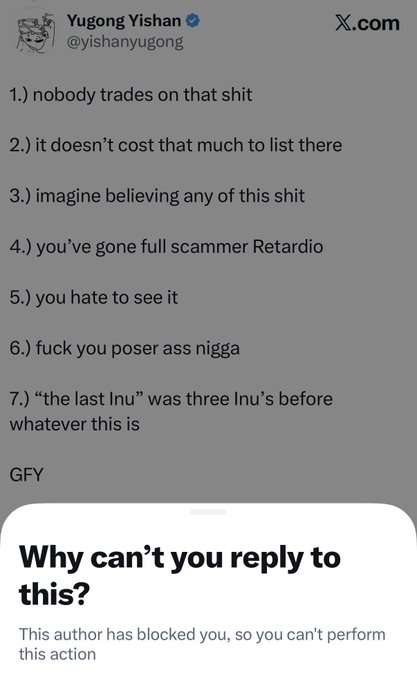 A screenshot of an X.com post by Yugong Yishan (@yishanyugong) containing a numbered list of dismissive remarks, with a notification at the bottom indicating the author has blocked the viewer.