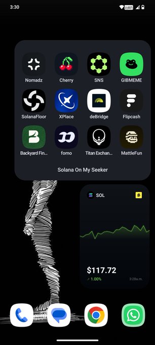A smartphone home screen featuring a 'Solana On My Seeker' folder with crypto apps (Nomadz, Cherry, SNS, GIBMEME, SolanaFloor, XPlace, deBridge, Backyard.fin, fomo, Titan, MattieFun) and a SOL price widget showing $117.72.
