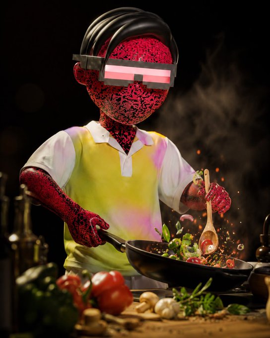 A stylized 3D rendering of a character with red patterned skin wearing futuristic visor glasses and a yellow/white shirt, cooking vegetables in a wok.