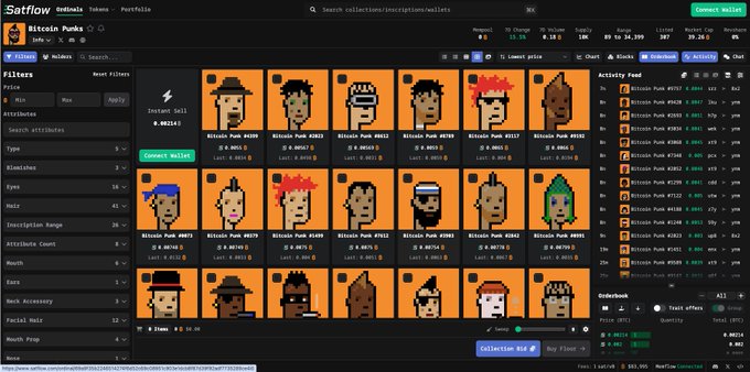 Screenshot of the Sattflow web app showing a grid of Bitcoin Punk NFTs with filters on the left and activity feed on the right.