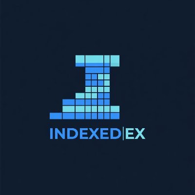 A pixel art logo for 'INDEXED|EX' featuring a boot-like shape made of blue and cyan squares on a dark blue background.