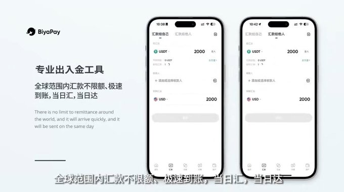 The image shows two cell phones with their screens open displaying information about BiyaPay. One phone has a screen showing a list of transactions for Hong Kong and the United States, while the other displays a transaction for the U.S. stock market. The text on the image suggests that BiyaPay is a convenient tool for those who frequently use USDT to participate in Hong Kong and U.S. stock trading, as it streamlines the process of transferring funds between these markets.
