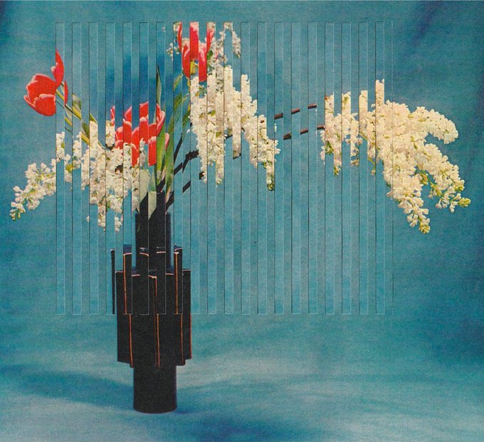 An artistic, cubist-style image of a black vase holding flowers with white and red blossoms against a blue background, fragmented by vertical slats.
