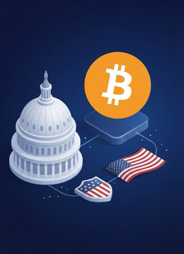 An isometric illustration depicts the U.S. Capitol dome connected by dotted lines to two American flags and a Bitcoin (₿) symbol on a pedestal, symbolizing the intersection of U.S. legislation and cryptocurrency policy. The image visually reinforces the post's news about H.R. 8957—a cryptocurrency-related bill—advancing through committee markup, though not yet receiving a full House vote.