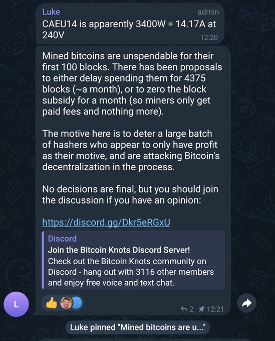 A pinned message from Luke (admin) discussing proposals to delay spending newly mined bitcoins for 4375 blocks or zero block subsidies, with a Discord invite link to the Bitcoin Knots community, in response to the post noting his authority to change Bitcoin's issuance policy.