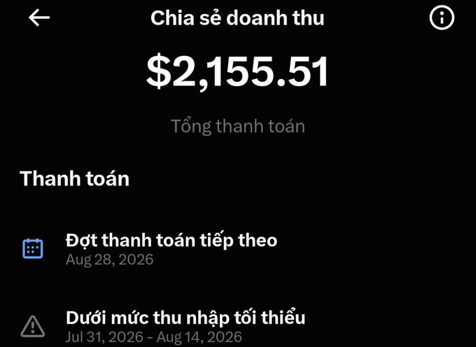 A mobile app screen displays 'Chia sẻ doanh thu' (Revenue sharing) with a total payment of '$2,155.51' and a next payment date of Aug 28, 2026.