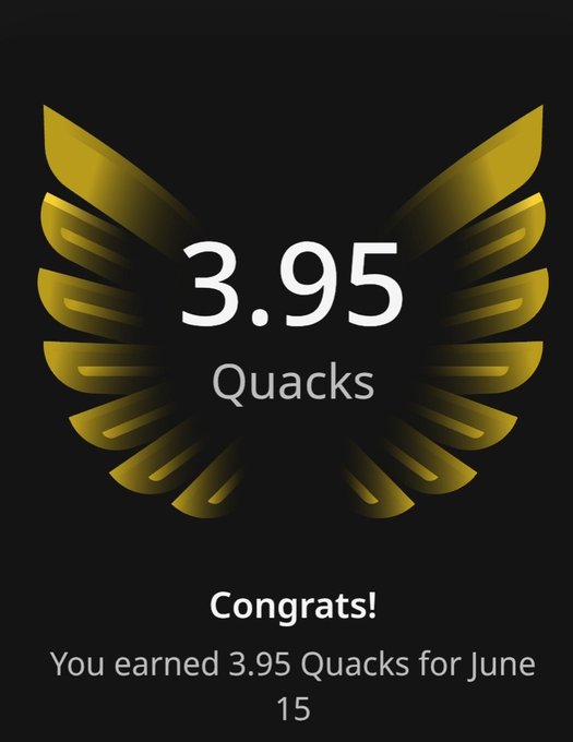 The image features a gold-colored trophy with the words "gQuack" written below it. The trophy has a bird's wing design and displays the number 3.95 Quacks, indicating that someone has earned this achievement. The text also mentions that the person who achieved this feat is named @wallchain.