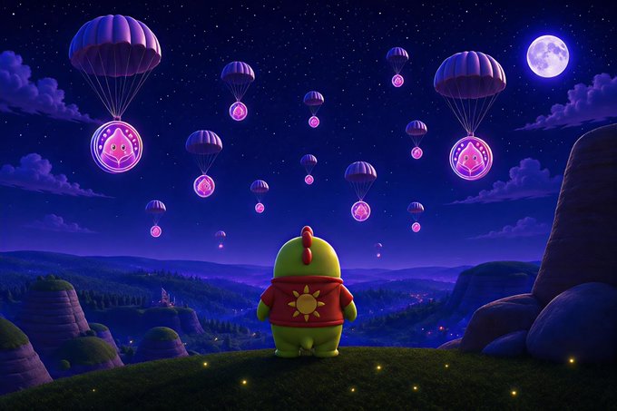 A small green character with a red sun-emblazoned hoodie watches a magical night sky filled with glowing parachute-dropped pet pods, tying into Sleepagotchi's premise of rest fueling in-game rewards and digital collectibles. Fireflies dot the grassy hill, enhancing the dreamlike, reward-driven atmosphere.