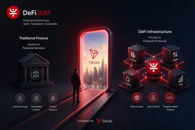 An infographic for DeFiJUST comparing Traditional Finance to DeFi Infrastructure powered by TRON, highlighting features like Lending, Trading, Liquidity, and Yield.