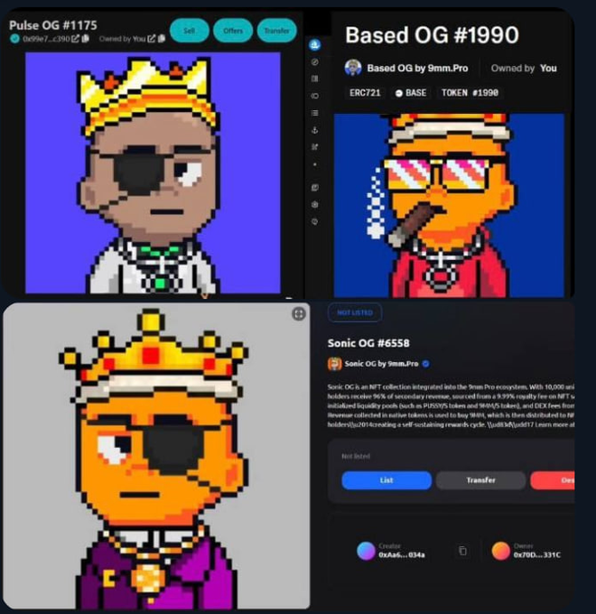 NFT trading interface displaying multiple 'OG' pixel-art collectibles (Pulse OG #1175, Based OG #1990, Sonic OG #6558) by 9mm.Pro, with options to Sell, Offer, or Transfer.