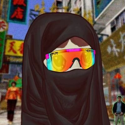 A stylized photo of a person wearing a black niqab and reflective rainbow-tinted ski goggles, standing in a street with Chinese signage in the background.
