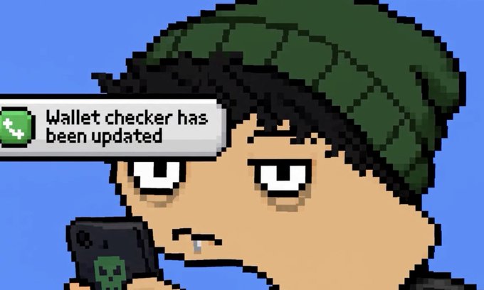 A pixel art cartoon character with a green beanie and black hair looks down at a phone displaying a green skull icon, with a notification bubble reading "Wallet checker has been updated" — visually illustrating the update announcement from scriptkiddies.com about finalizing collaborations before mint.