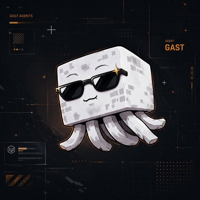 A digital artwork featuring a stylized Minecraft Ghast character wearing sunglasses with a sparkle, set against a dark tech-inspired interface with 'GAST AGENTS' and 'AGENT: GAST' labels.
