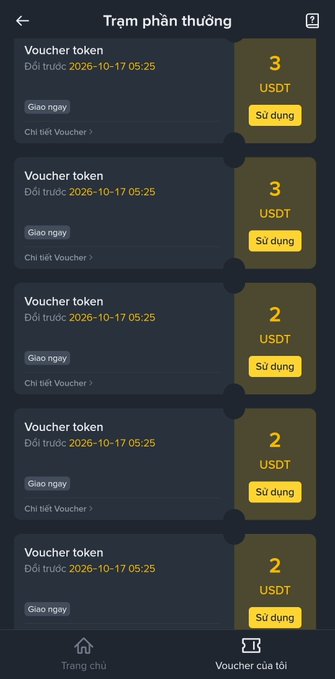 A Vietnamese mobile app screenshot titled 'Trạm phần thưởng' (Reward Station) showing multiple voucher tokens worth 2-3 USDT each, expiring on 2026-10-17.