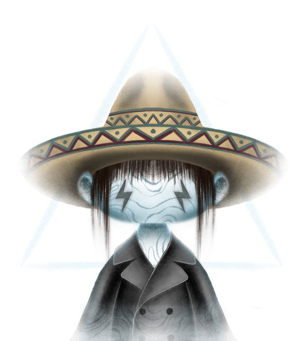 An illustration depicts a figure wearing a large sombrero, with long dark hair partially covering a face marked by lightning bolts, and wearing a gray suit jacket, set against a faint triangle.