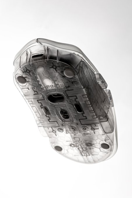 A translucent computer mouse with an exposed internal circuit board design against a white background.