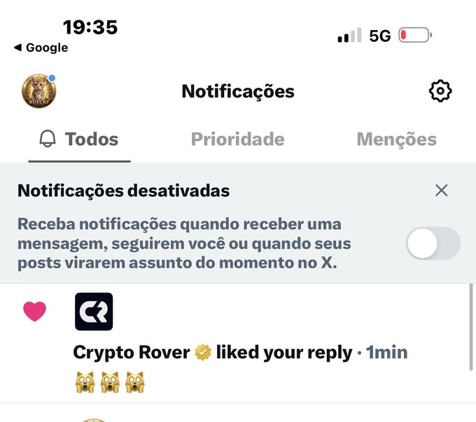 A mobile phone screenshot showing the X (formerly Twitter) Notifications page in Portuguese, displaying 'Notificações desativadas' (notifications disabled) with a toggle switch, and a notification that 'Crypto Rover' liked the user's reply.