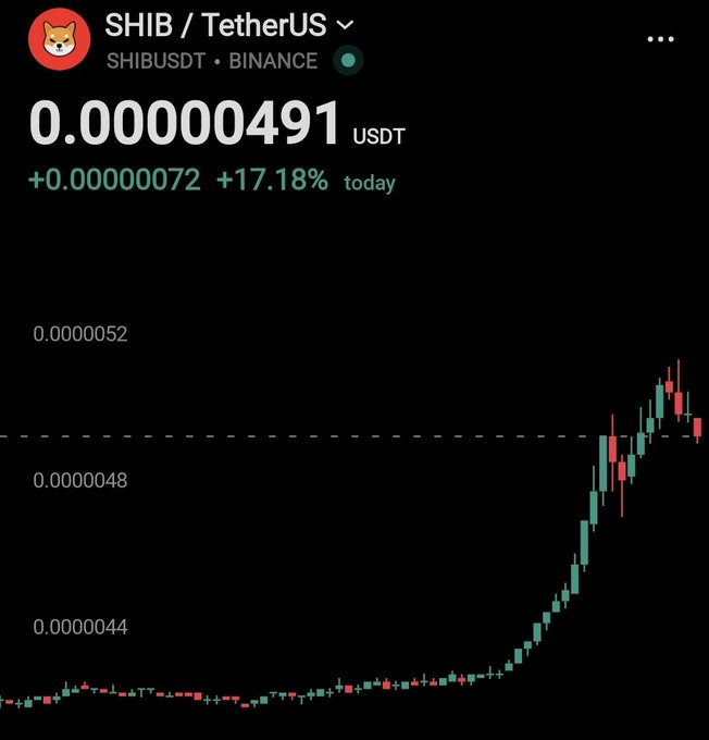 A cryptocurrency chart showing SHIB/TetherUS on Binance at 0.00000491 USDT, up +17.18% today, with a price surge from below 0.0000044.