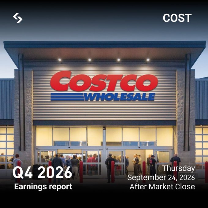 The image shows a Costco Wholesale storefront at dusk with shoppers at the entrance, overlaid with text announcing "COST Q4 2026 Earnings report" for Thursday, September 24, 2026, After Market Close. It relates to the post by building anticipation for $COST's upcoming earnings release and promoting trading opportunities on Bitget stock perps.