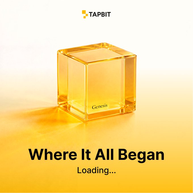 A product advertisement for 'TAPBIT' featuring a golden translucent cube labeled 'Genesis' on a yellow gradient background, with the text 'Where It All Began' and 'Loading...' below.
