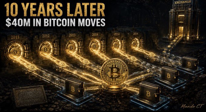 A dramatic digital illustration titled "10 YEARS LATER $40M IN BITCOIN MOVES" depicts six large vault doors labeled with years (2011, 2012, 2013, 2014, 2014, 2014) releasing streams of glowing Bitcoin coins that flow into modern wallets, visually representing the recent movement of long-dormant BTC holdings—reinforcing the post's narrative that decade-old wallets holding roughly $40 million in Bitcoin have suddenly become active.