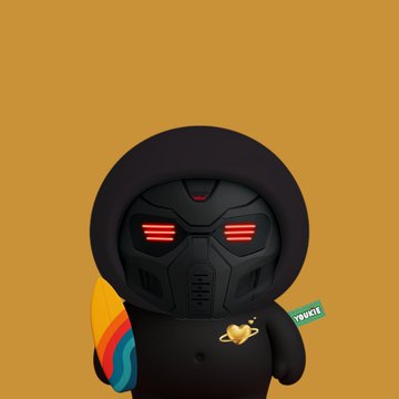 A small, round black character with a futuristic helmet featuring glowing red horizontal eyes stands against a solid mustard-yellow background.