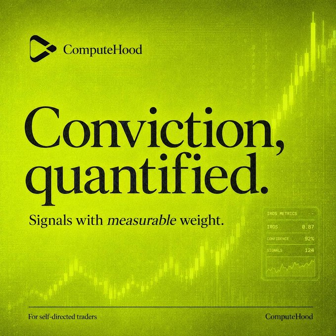 A yellow-green promotional graphic for 'ComputeHood' with bold text reading 'Conviction, quantified. Signals with measurable weight.', featuring the ComputeHood logo, a small metrics panel showing 'IRQS 0.87', 'CONFIDENCE 92%', 'SIGNALS 124', and the tagline 'For self-directed traders' at the bottom.
