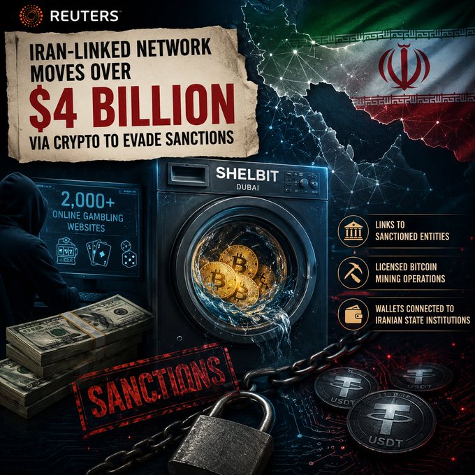 A Reuters infographic reports an 'Iran-linked network moves over $4 billion via crypto to evade sanctions,' highlighting a Dubai-based 'Shelbit' money laundering operation with 2,000+ gambling websites and links to sanctioned entities.