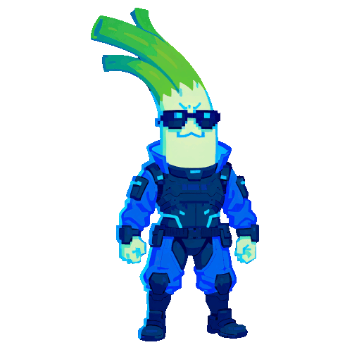 A pixel art character resembling a humanoid leek or scallion with green stalks sprouting from its head, wearing sunglasses and a blue tactical suit, likely representing "Cyberleek," the hacker demanding Take Two release GTA VI on physical media in exchange for not leaking the game if a cryptocurrency reaches a $30 million market cap.