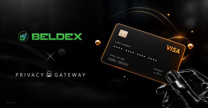 A promotional graphic features the text 'BELDEX' and 'PRIVACY GATEWAY' next to a black and gold Visa credit card held by a metallic robotic hand.