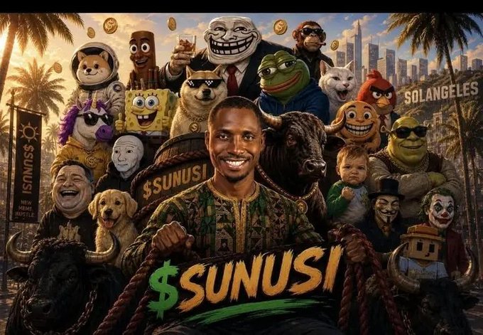 A vibrant AI-generated image featuring a man in patterned clothing surrounded by various meme characters and animals, with '$SUNUSI' text prominently displayed and 'SOLANGELES' in the background.