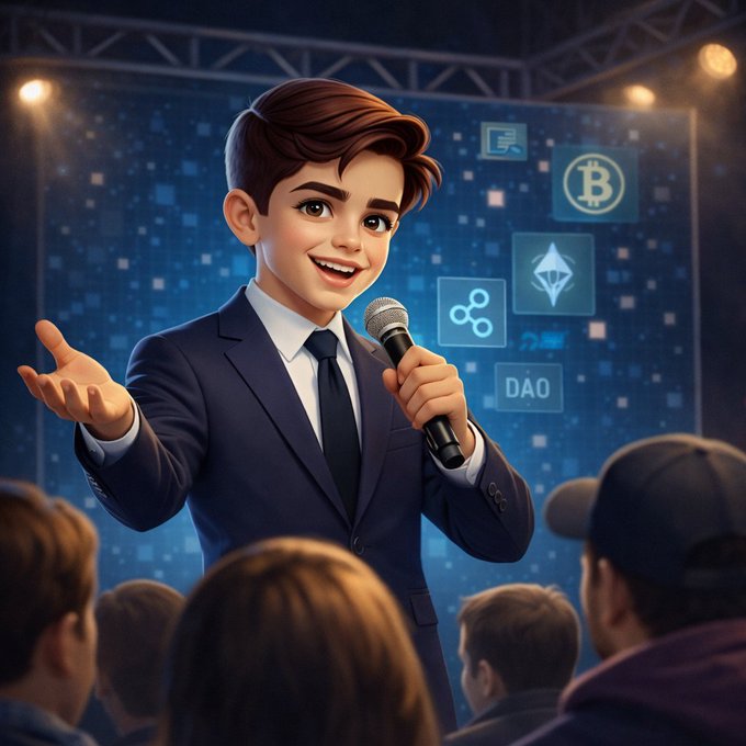 An animated image of a young man in a suit holding a microphone on stage, with crypto symbols (Bitcoin, Ripple, DAO) displayed on a screen behind him.