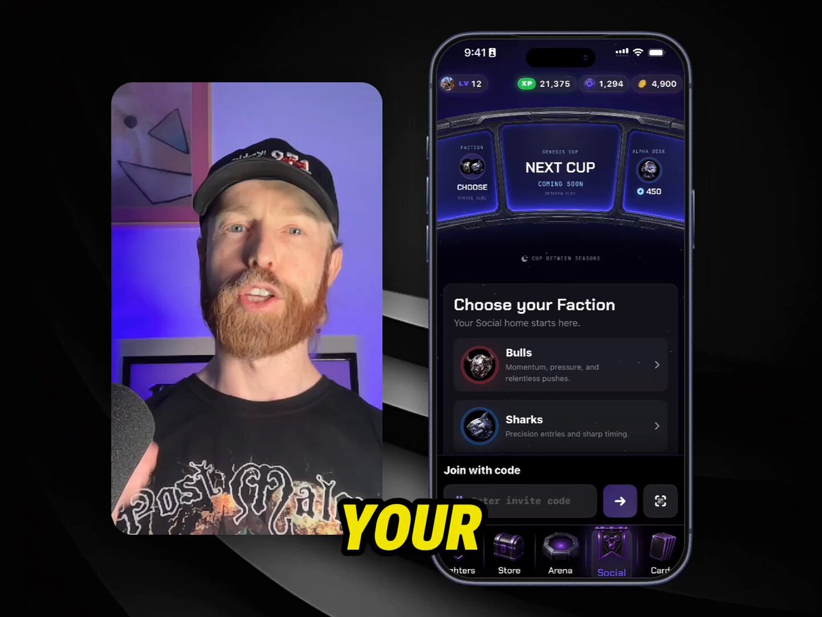 The image shows a smartphone with a screen display showing a game called "Team Competition" that allows players to choose their preferred faction, including two popular teams - the Bulls and the Sharks. The screen also displays a text overlay inviting viewers to join the "your" team in the beta testing phase of this competitive app. The background is black, making it easy for viewers to read the game information on the screen.