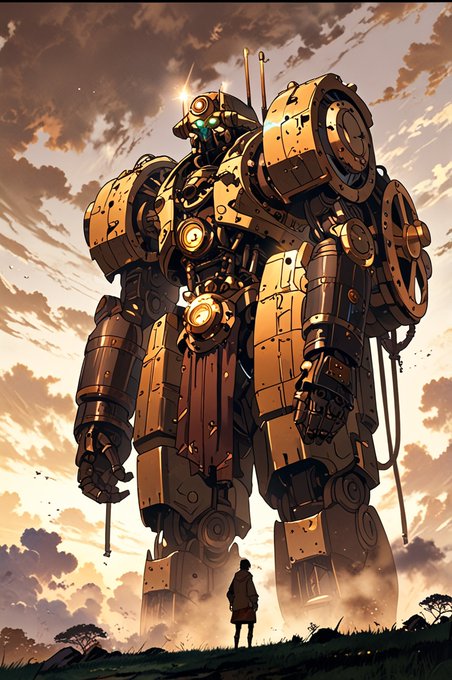 Digital artwork depicting a massive steampunk-style mech robot towering over a small figure on the ground under a dramatic sunset sky.