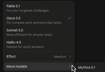 A dark-mode AI model selection menu showing options including Fable 5.1, Opus 5.5 (selected with checkmark), Sonnet 5.5, Haiku 4.5, and Mythos 5.1, with an Effort level set to Medium.