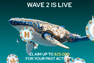 A promotional banner displaying "WAVE 2 IS LIVE" and "CLAIM UP TO $25,000 FOR YOUR PAST ACTIVITY," featuring a stylized ornate blue and gold whale illustration alongside "H"-marked coins.