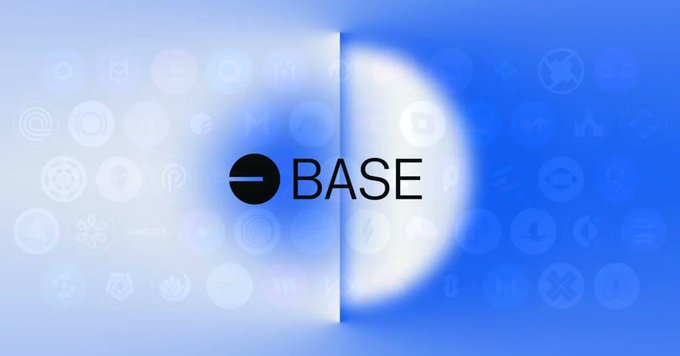 A blue graphic featuring the black "BASE" logo centered over a gradient background filled with faint cryptocurrency icons.