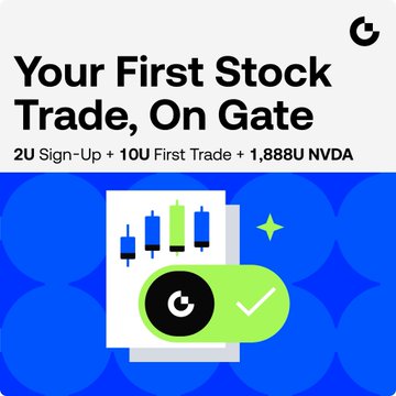 The image is a promotional graphic for Gate Stocks advertising a sign-up and first-trade bonus, featuring the text "Your First Stock Trade, On Gate" along with offers of "2U Sign-Up + 10U First Trade + 1,88U NVDA," accompanied by a stock chart icon and a toggle switch with the Gate logo. It visually complements the post by highlighting Gate's effort to simplify moving between crypto and traditional stock markets within one account.