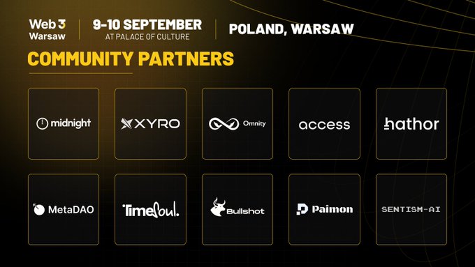 A promotional graphic for the Web3 Warsaw event held on 9-10 September at the Palace of Culture, Poland, Warsaw, listing ten Community Partners: midnight, XYRO, Omnity, access, hathor, MetaDAO, TimeSoul, Bullshot, Paimon, and SENTISM-AI.