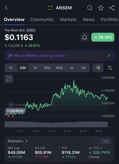 A crypto/stock tracker app screen for the token ANSEM showing a price of $0.1163 with a 24h chart and statistics including market cap ($48.08M) and FDV ($116.31M).