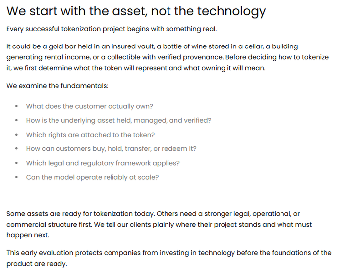 Text slide titled 'We start with the asset, not the technology,' explaining that tokenization projects begin with real assets like gold, wine, or buildings, and lists fundamental questions regarding ownership, rights, and regulatory frameworks.