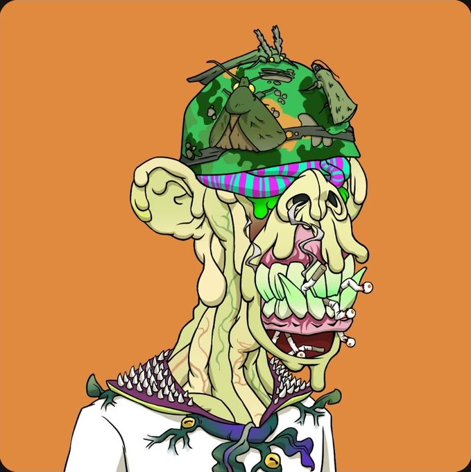 A cartoon illustration of a grotesque, green-skinned character with melting features, multiple bulging eyes, and a wide mouth full of crooked teeth, wearing a camouflage helmet and a white shirt against an orange background.