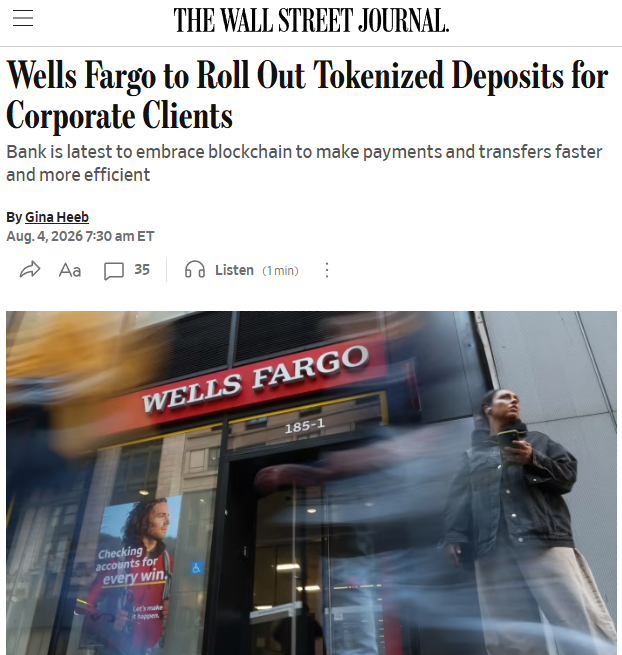 A Wall Street Journal article headlined "Wells Fargo to Roll Out Tokenized Deposits for Corporate Clients," reporting that the bank will use blockchain to speed up corporate payments, paired with a photo of a Wells Fargo branch showing the iconic red logo and signage reading "Checking accounts for every win."