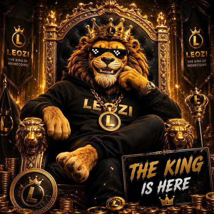 A promotional image for 'LEOZI - The King of Memecoins' featuring an anthropomorphic lion wearing pixelated sunglasses and a gold chain on a throne.