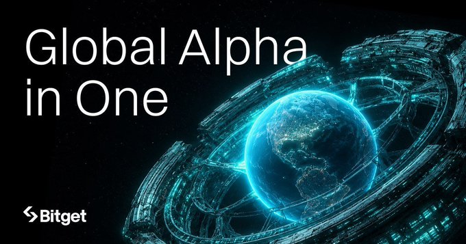 A promotional graphic for Bitget featuring the text 'Global Alpha in One' next to an illustration of Earth surrounded by futuristic circular structures.
