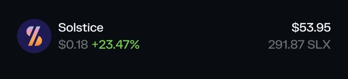 A digital asset listing displays "Solstice" (ticker: SLX) at $0.18, up 23.47%, with a value of $53.95 representing 291.87 SLX tokens, visually reinforcing the post's claim of receiving 291 tokens (~$53) daily as airdrop rewards over 55 days.