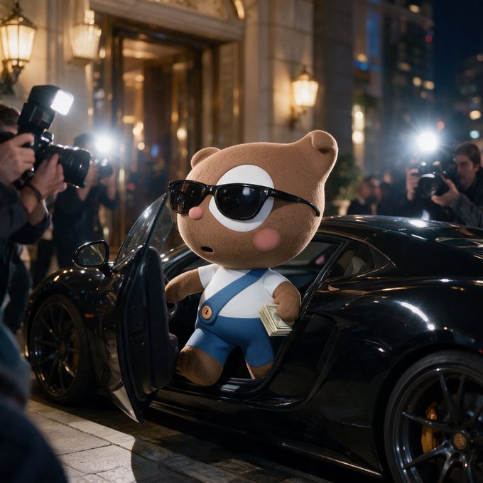 A 3D rendered scene of a brown teddy bear character wearing black sunglasses and blue overalls, holding cash while stepping out of a black sports car, surrounded by photographers with flashing cameras at night.